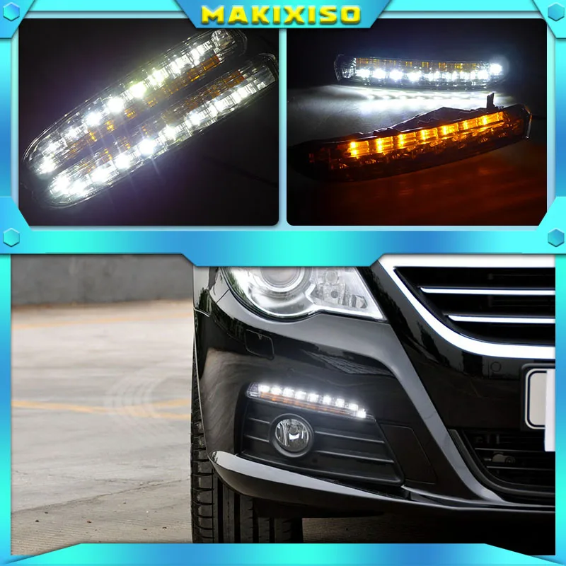 2PCS For VWVolkswagen Passat CC 2009 2010 2011 2012 LED DRL Daytime Running Lights with Turnnig Yellow signal Lights