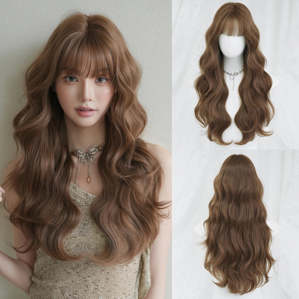 

NAMM Long Wave Brown Wigs For Women Daily Use With Bangs Natural Looking Soft High Quality Synthetic Heat Resistant Fiber Wig