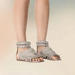 Sandalias de tacón con punta abierta y decoración de cristal plateado Para mujer, Zapatos bajos con cremallera trasera, a la moda, Para fiesta y banquete, 2024