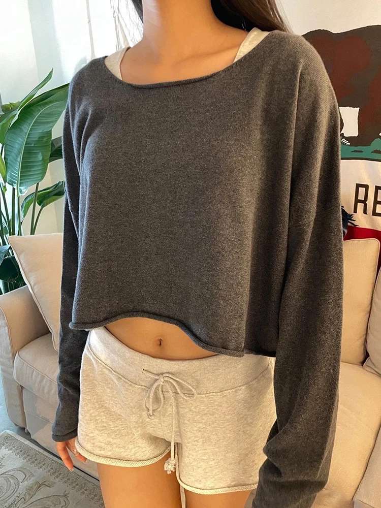 Solidne surowe wykończenia luźne bluzy Vintage szara bawełniana wycięciem jesienne topy z długim rękawem damskie Y2k Streetwear Casual swetry — zdjęcie 2