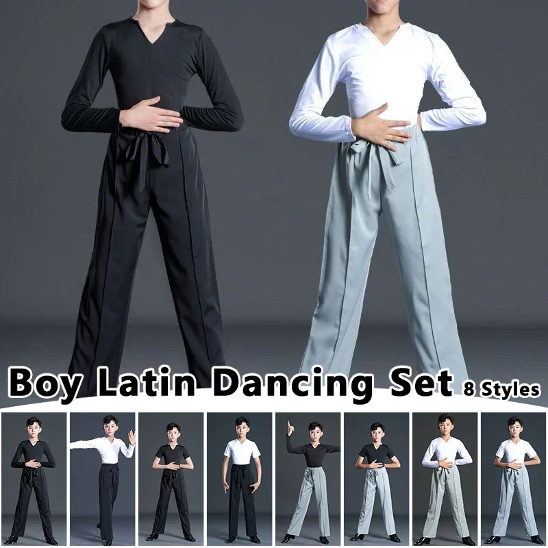 

Boy Latin Dancing Sets Boys Tops + Pants Latin Dance Practice Clothes Children Rumba/Cha Cha/Samba Dancewear Lace-up Pants