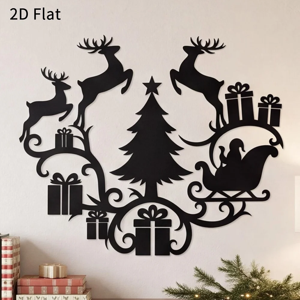 CIFBUY Reindeer Sleigh Tree Metal Wall Art Iron Rustic Sculpture Home Living Room Front Door Decor