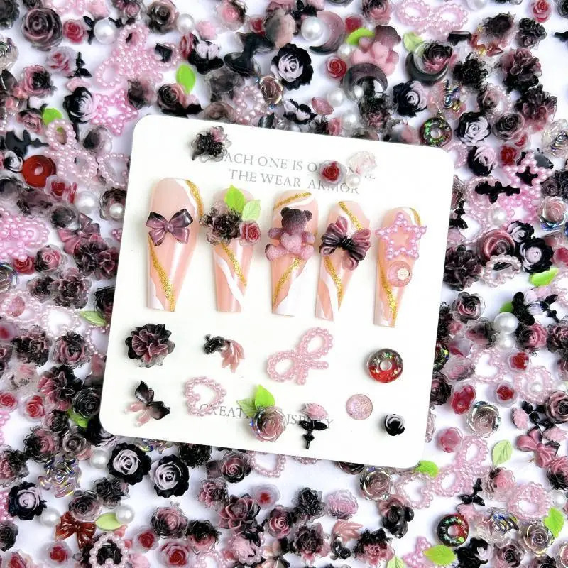 Gradient Black Pink Rose Heart Bear Nail Charms Double Colors Donut Butterfly Mixed Resin Nail Art Accessories for DIY Manicure