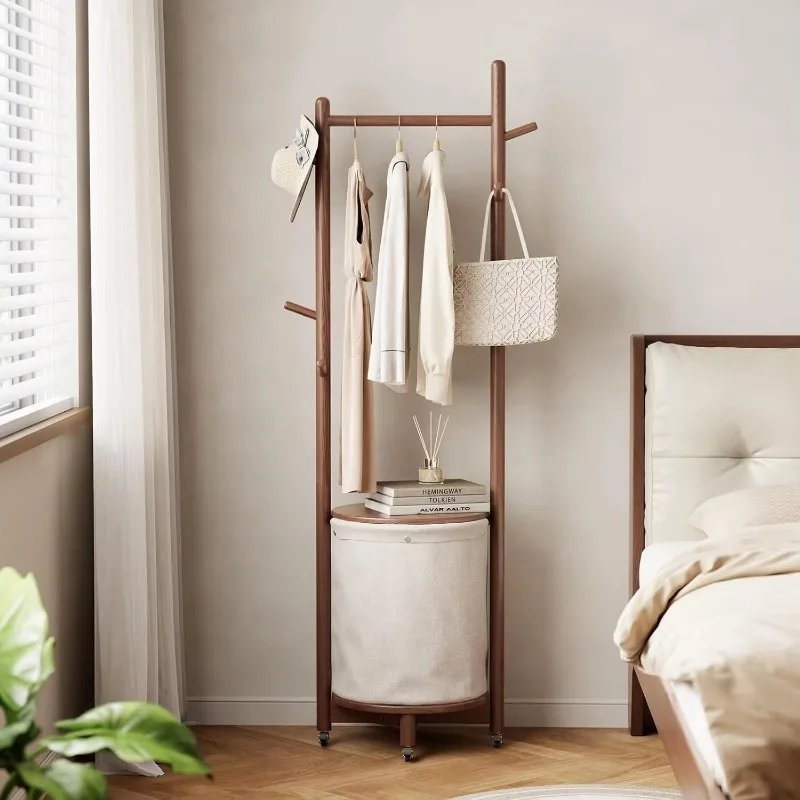 US stock solid wood coat rack with cloth basket 9 hooks with wheels freestanding