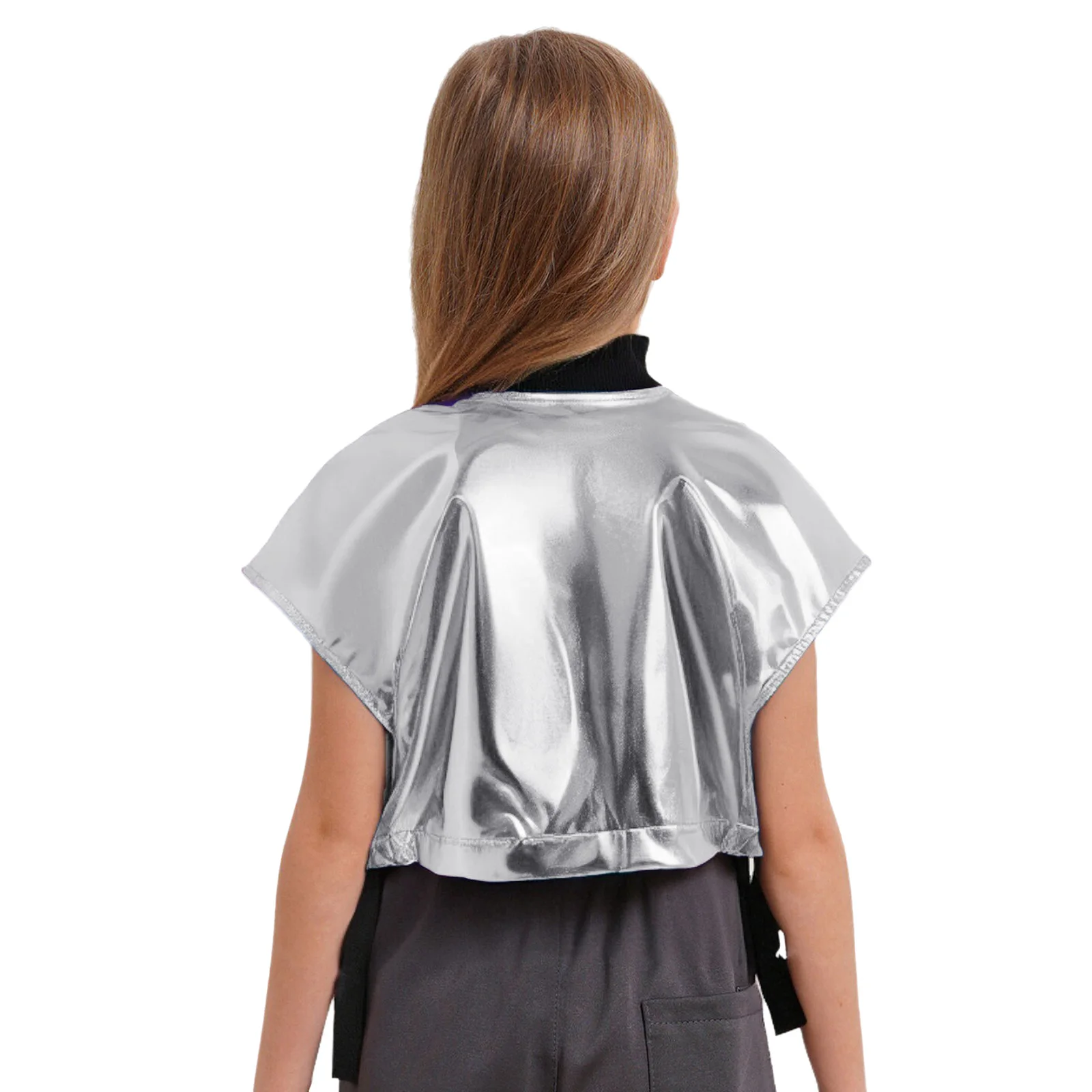 Kids Girls Metallic Jazz Hip Hop Dance Vest Top Sleeveless Zipper Shiny Jacket with Buckle Pockets Streetwear Choir Dancewear