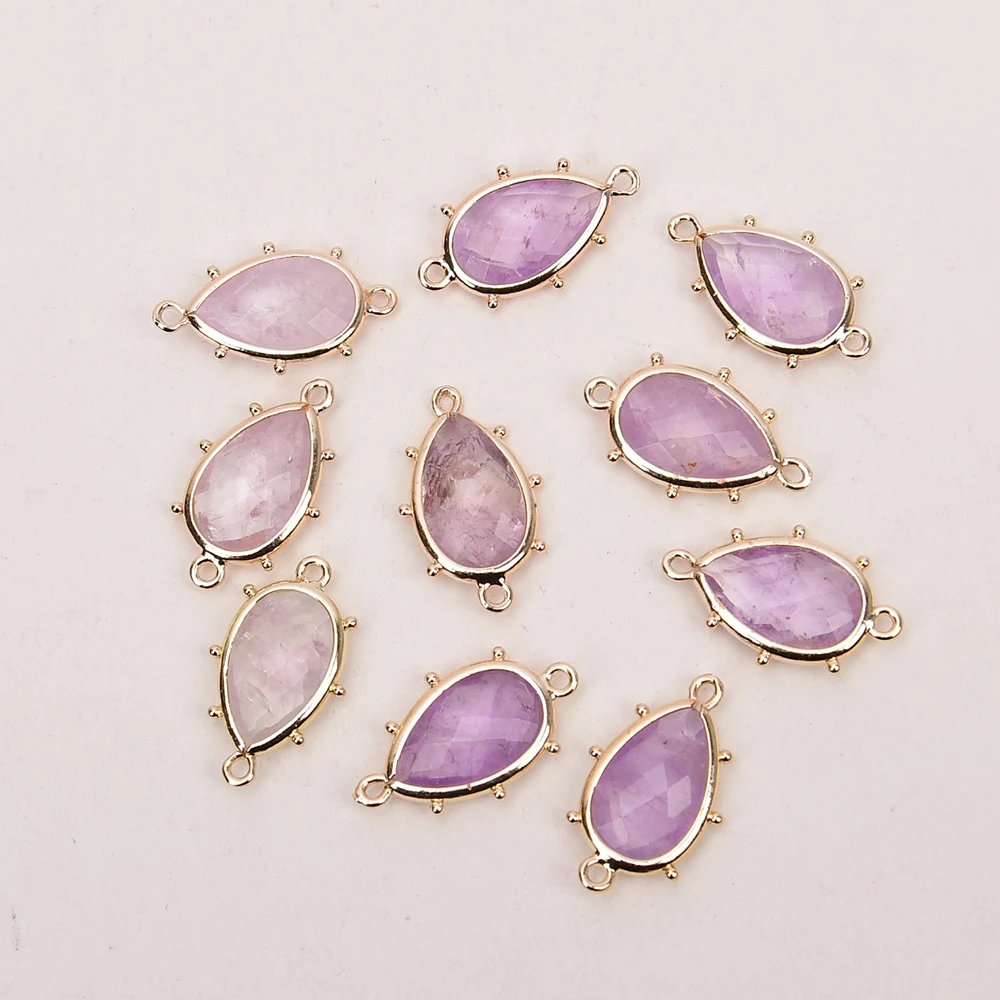 10 Pcs Faceted Lavender Amethyst Gold Plated Pear shaped Connector Trim Double Rings Jewelry Finding DIY