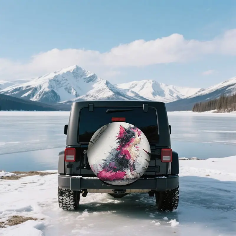 Polyester Fiber Cat Art Illustration Pattern Tire Cover, Suitable For Universal Car Models Spare Tire Protection