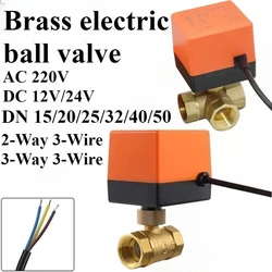 Válvula de bola de rosca eléctrica de latón, solenoide de agua de 2 vías y 3 cables con actuador, DN15/20/25/32/40/50 AC 220V DC 12V 24V