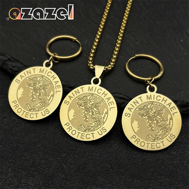 SAINT MICHAEL PROTECT US Archangel Stainless Steel Medal Necklace Earrings Women Men Gold Color Religious Amulet Jewelry Set