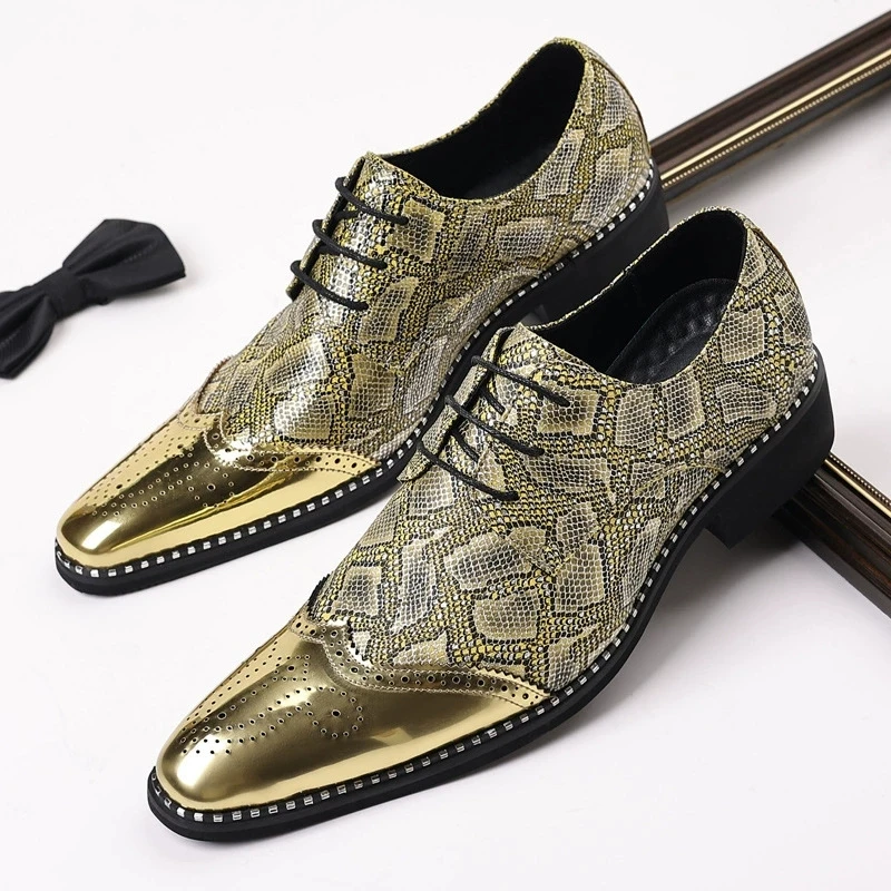 Luxury Snake Print Formal Men Derby Dress Shoes Classic Dress Loafers Lace-Up Silver Golden Male Causal Footwear