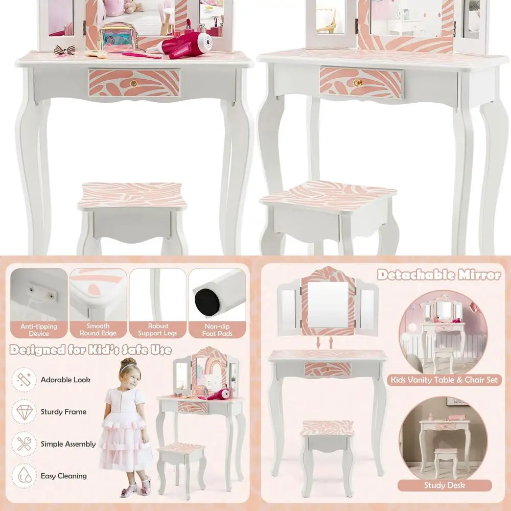 

Children's Pink Zebra Vanity Set with Glass Tri-Fold Mirror, Wooden Dressing Table and Chair