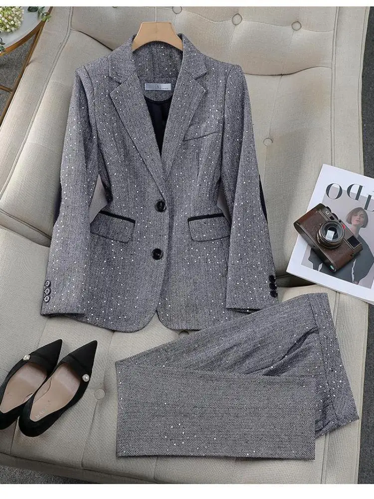 

Autumn Winter Temperament Suit 2024 Gray Brown Long Sleeve Sequin Blazer Coat + Pant Two Piece Set Fashion Work Business Clothes