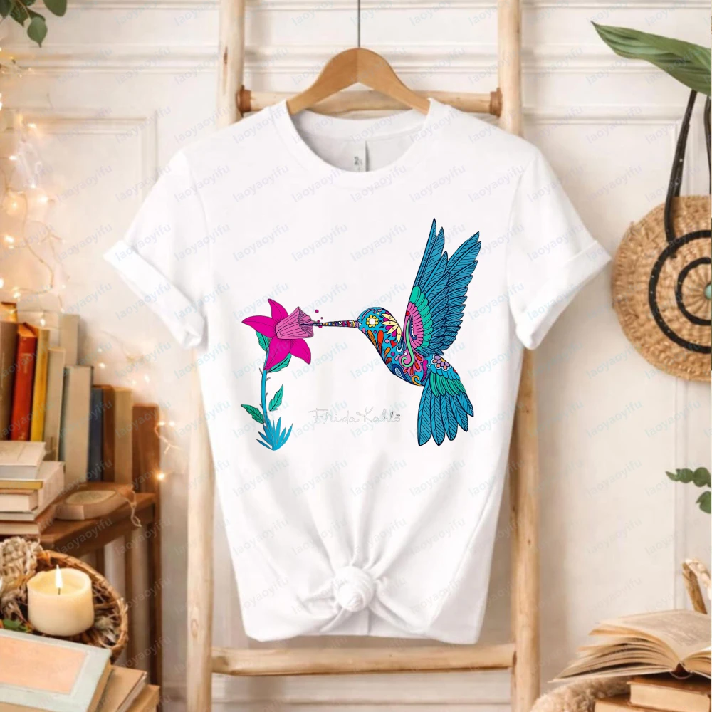 Frida Kahlo Hummingbird Floral T-Shirt Colorful Mexican Art Inspired Boho Cotton Tee Gift for Art Lovers gothic women clothes view 3