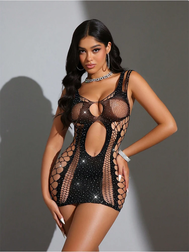 المرأة مثير الملابس الداخلية سباركلي حجر الراين السباغيتي فستان بحزام مغر الجوف خارج العميق الخامس الرقبة فستان قصير Exotice ملابس حميمة