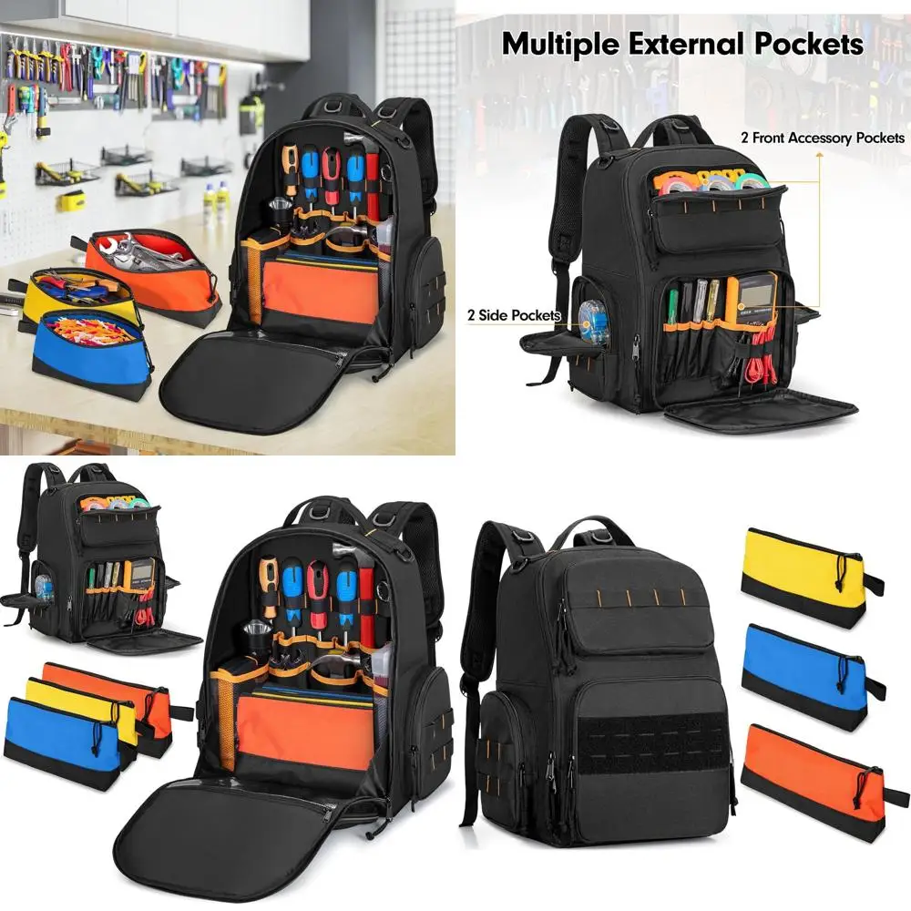 

Padded Tool Backpack with 3 Pockets, Organizer Bag for Tradesmen, Electricians, and DIYers - Black (Patented)