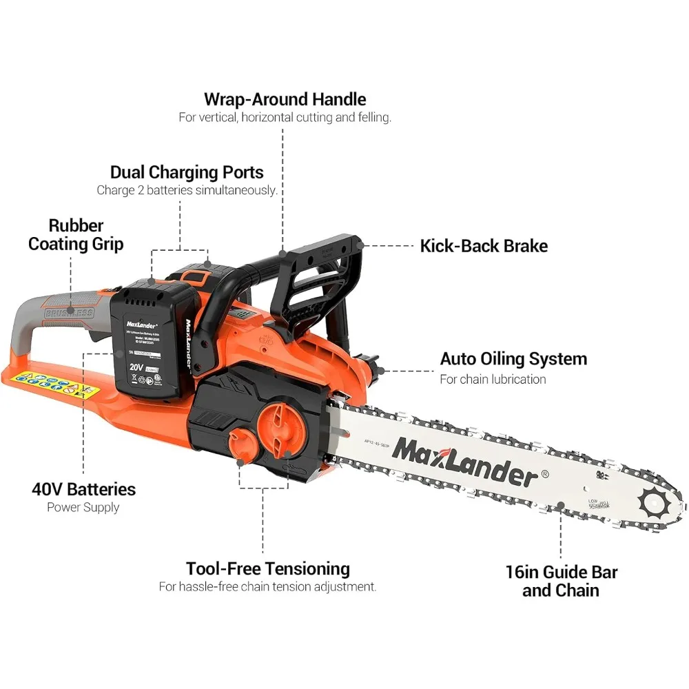 40V Cordless Brushless Chainsaw 16 Inch Electric Battery Powered with 4.0Ah Lithium Battery and Charger Quiet Auto-oiling