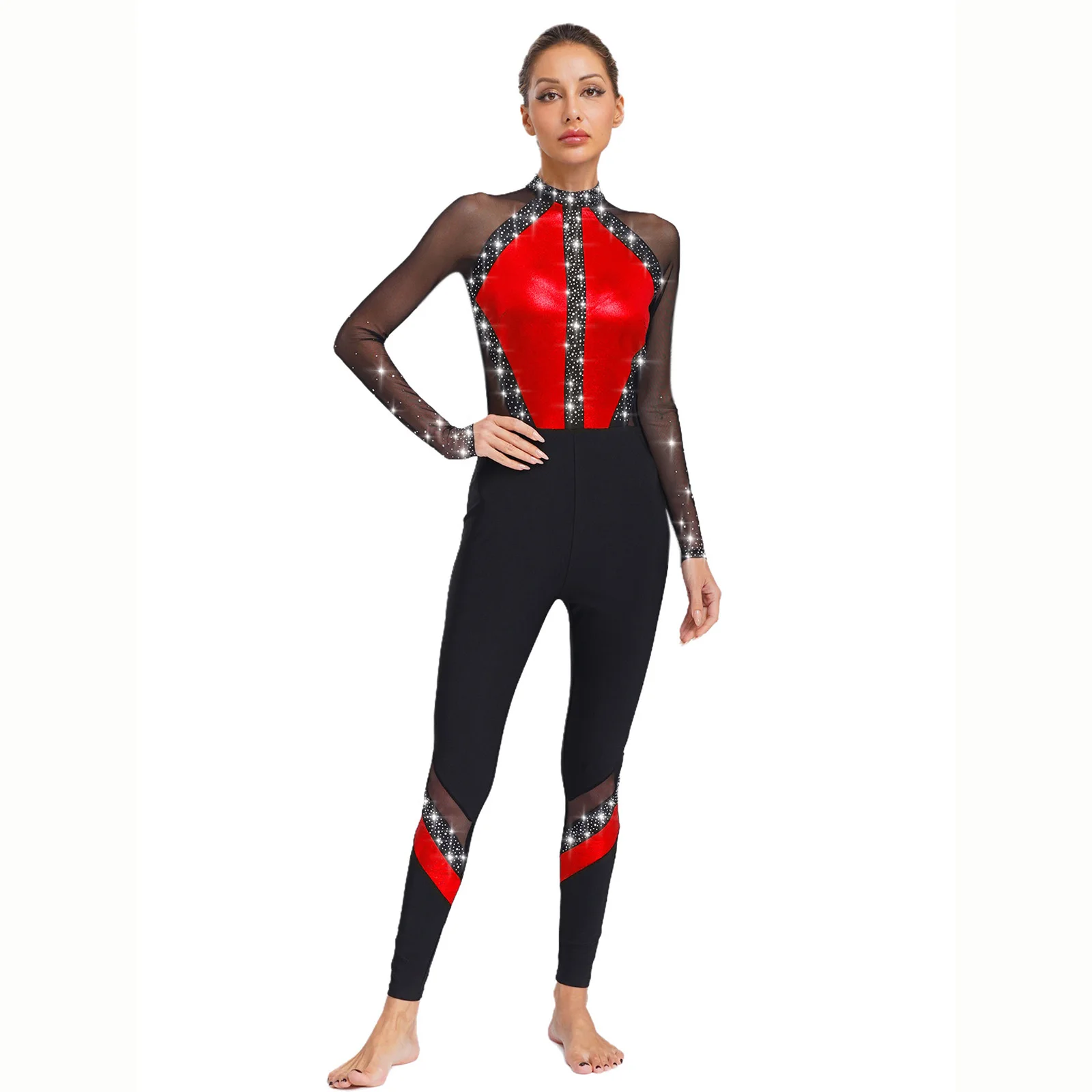 

Women Gymnastics Dance Jumpsuit Sparkling Rhinestones Full Body Leotard Sheer Mesh Patchwork Color Block Long Sleeve Bodysuit