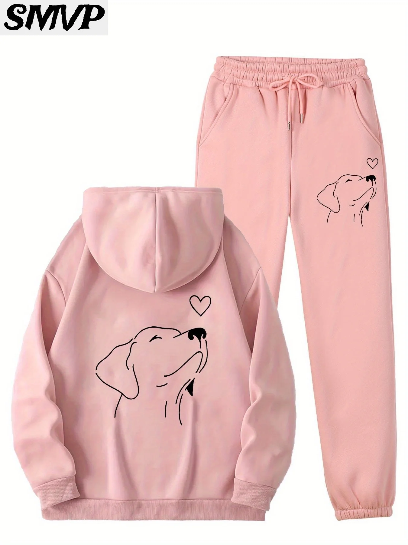 SMVP طقم هوديي قطني للنساء والفتيات باللون الأسود والأبيض مطبوع عليه كلب وقلب مكون من قطعتين ملابس غير رسمية للأم والبنت
