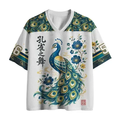 V Neck Mesh Jersey, Chinese Style Peacock Floral Art Print Short Sleeve Loose Breathable Street Casual Top