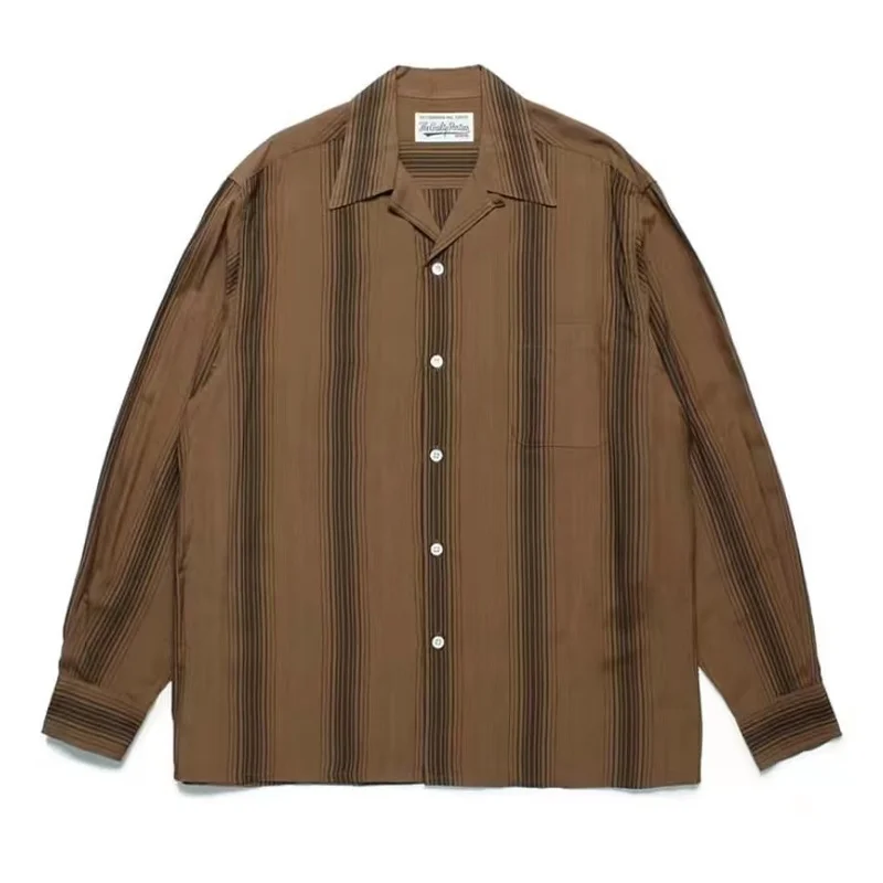 Urban Mens Womens Trendy Simple Stripe Cuban Collar WACKO MARIA Shirt Best Quality Autumn Brand Loose Hawaii Long Sleeve Shirt