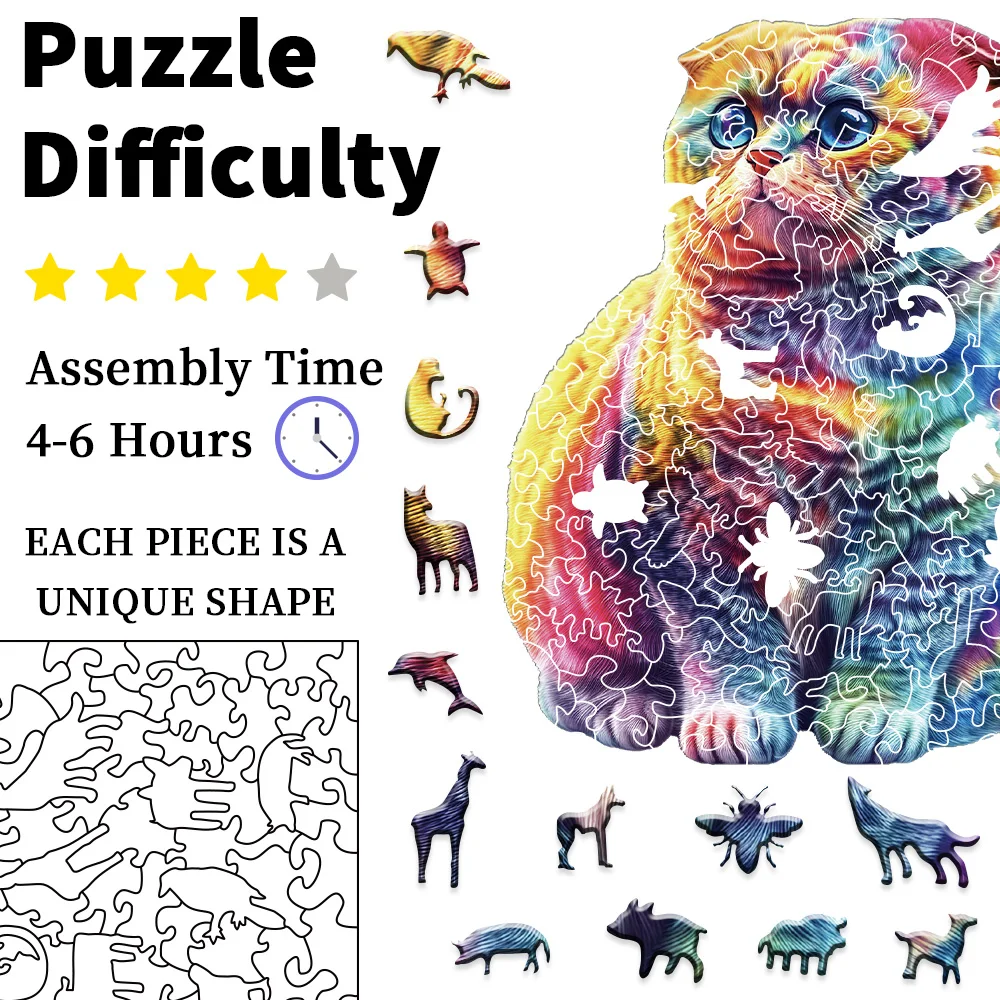 성인용 나무 퍼즐 - 다채로운 고양이 퍼즐 장난감 게임 - 독특한 동물 모양의 나무 퍼즐 - 퍼즐 애호가를 위한 창의적인 퍼즐 선물