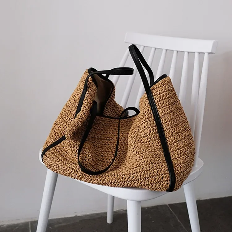 

Vintage Color Patchwork Straw Bag Large Capacity Hand-woven Bag Simple Fashion Shoulder Handbag