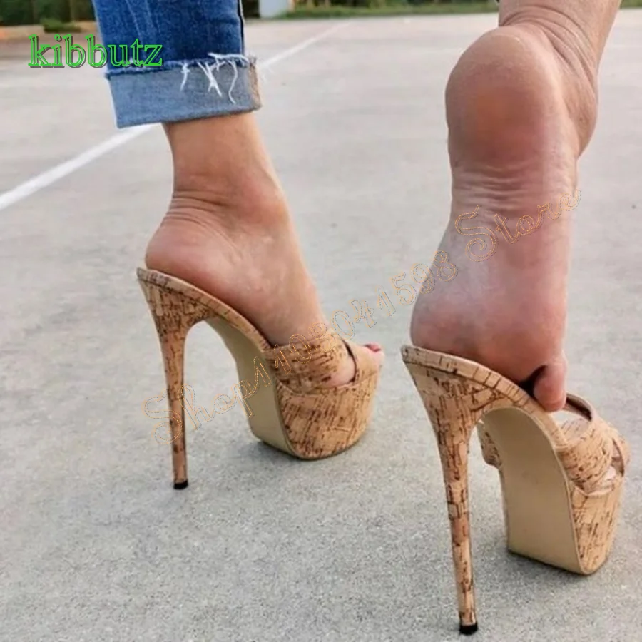 Fashionable Wooden Pattern Slippers Thick Sole Stiletto Women\'s Shoes Wedding Party HIgh Heel Shoes 2024 New Zapatos Para Mujere