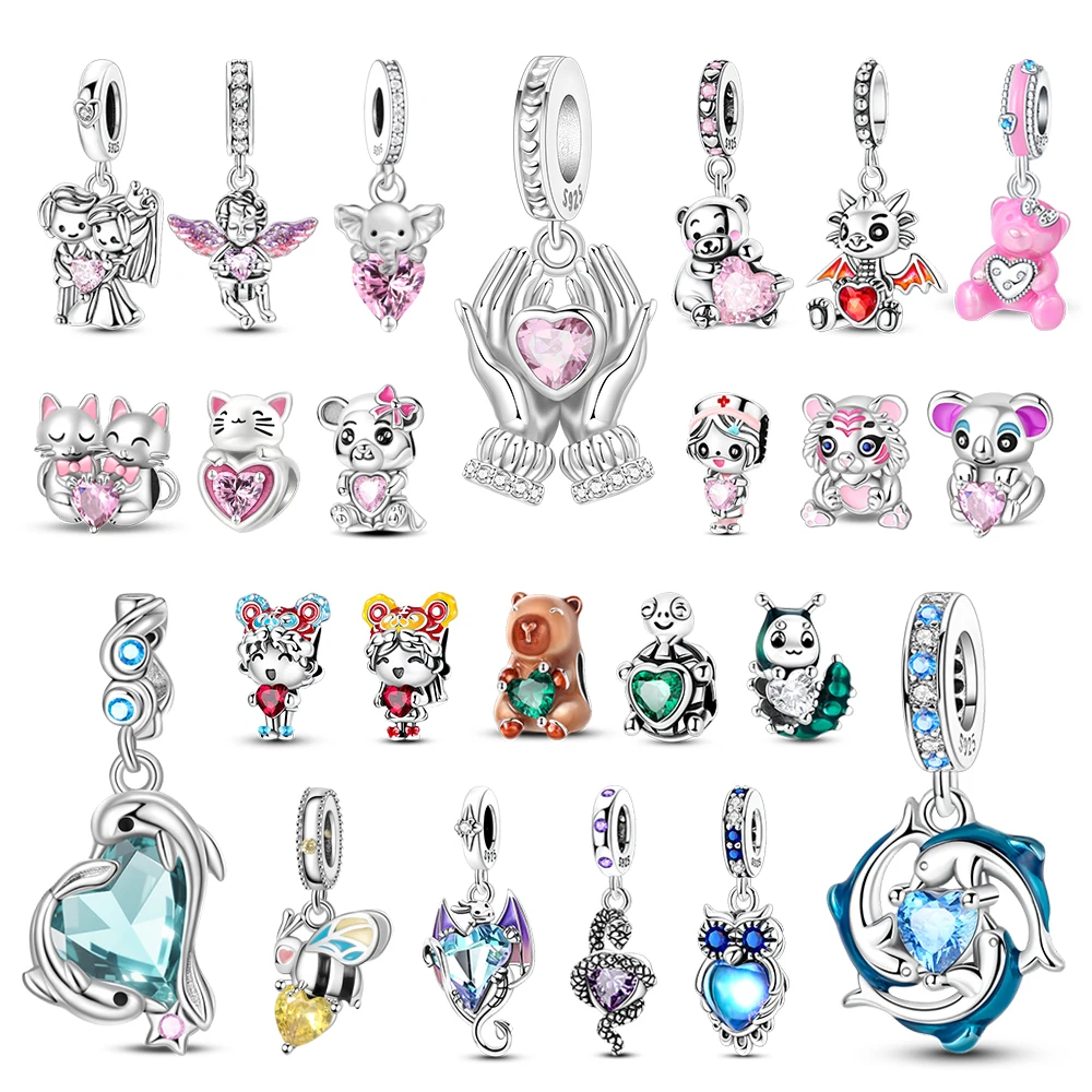 

Beautiful 925 Sterling Silver Dolphin Caterpillar and Mouse Couple Heart Charm Fit DIY Bracelet Necklace Sparkling Gem Gifts
