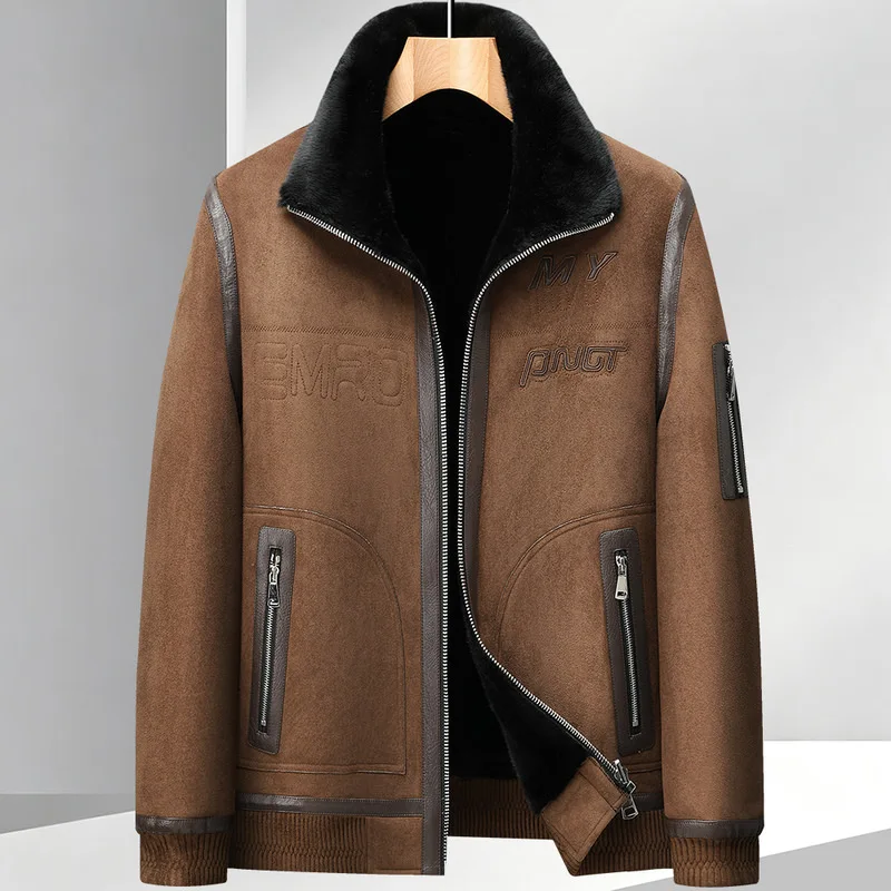Men Double Sided Wear Faux Mink Fur Faux Suede Jacket Stand Collar Winter Warm Fur Integrated Style Zipper Casual Coat