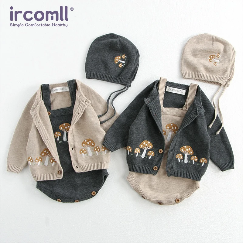 Ircomll 3 pcs Adorable Knitwear Sleeveless Baby Bodysuit Baby Girls Boys Rompers+Cardigan+Cap Infant Jumpsuit For 0-3Y Outerwear