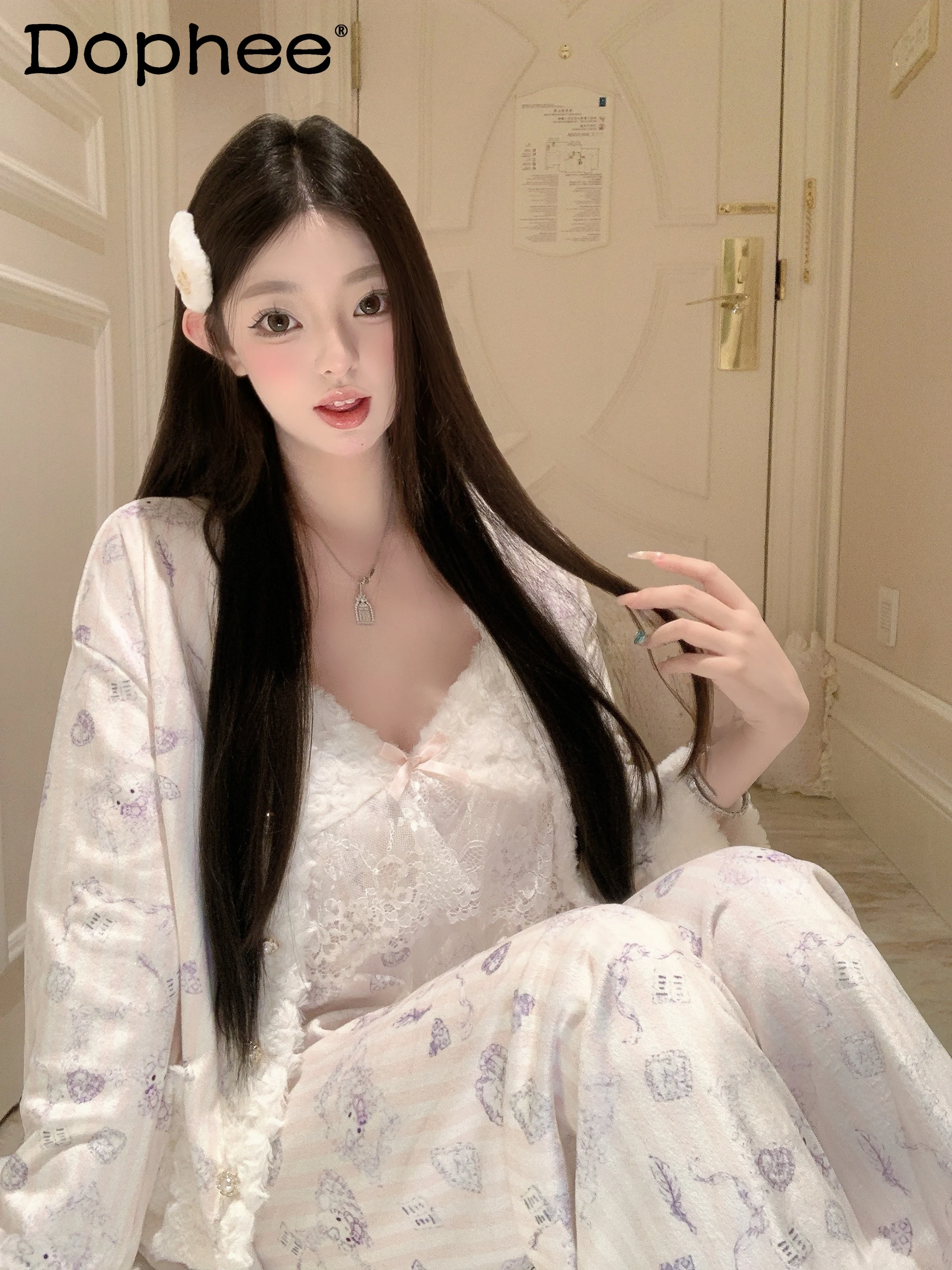 

Новинка 2023 года, осенне-зимняя теплая утепленная пижама на флисовой подкладке, милая милая свободная повседневная домашняя одежда в японском стиле для девочек