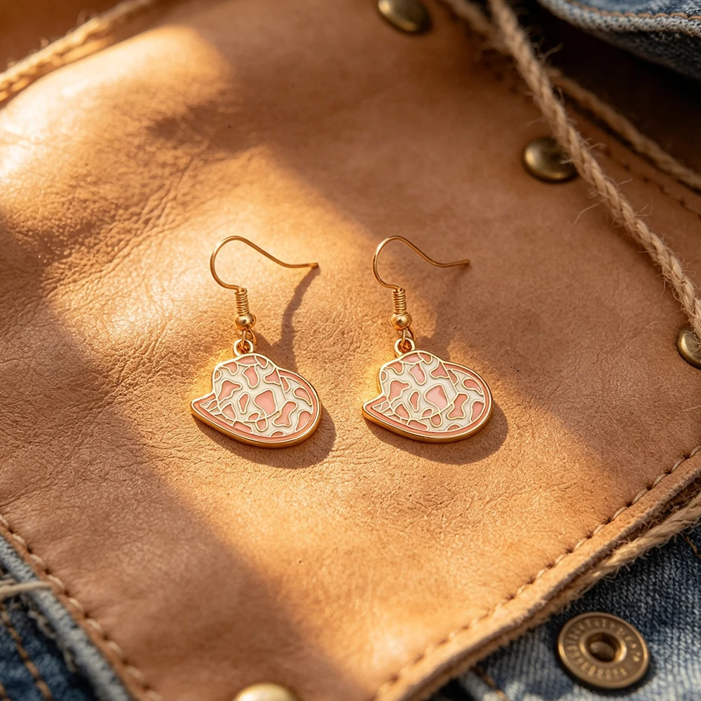 Western cowboy hat ear hook earrings, leopard print oil-drip gold drop earrings, American retro sweet and cool women's accessories