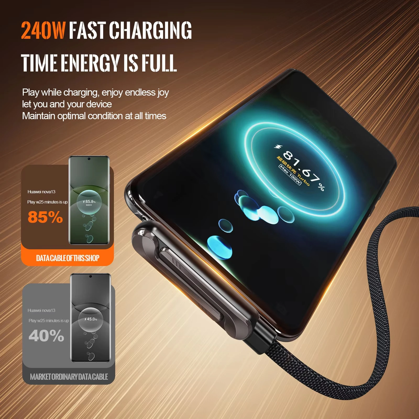 240W PD fast charging data cable | Type-C to Type-C adapter, 360-degree rotatable and adjustable metal bracket, fully compatible with mobile phone charging cables, silver-plated core wire
