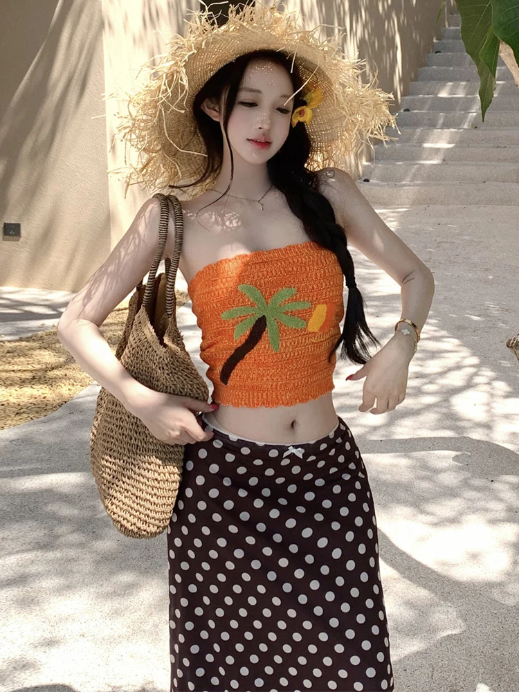 

Beach Vacation Style Polka Dot Print Halter Slim Fit Tank Top And Skirt Set Sexy Low Waist Contra Color Summer Fashion Women'...