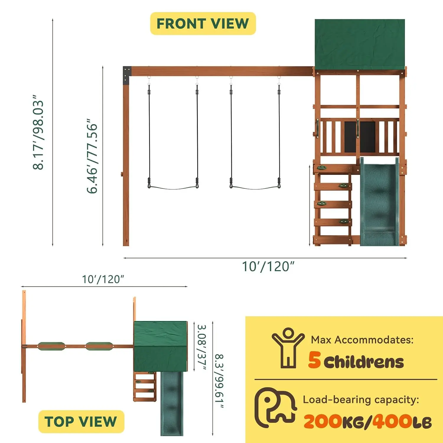 Wooden Swing Sets Outdoor Playset Backyard Playground Equipment Green, Customized
