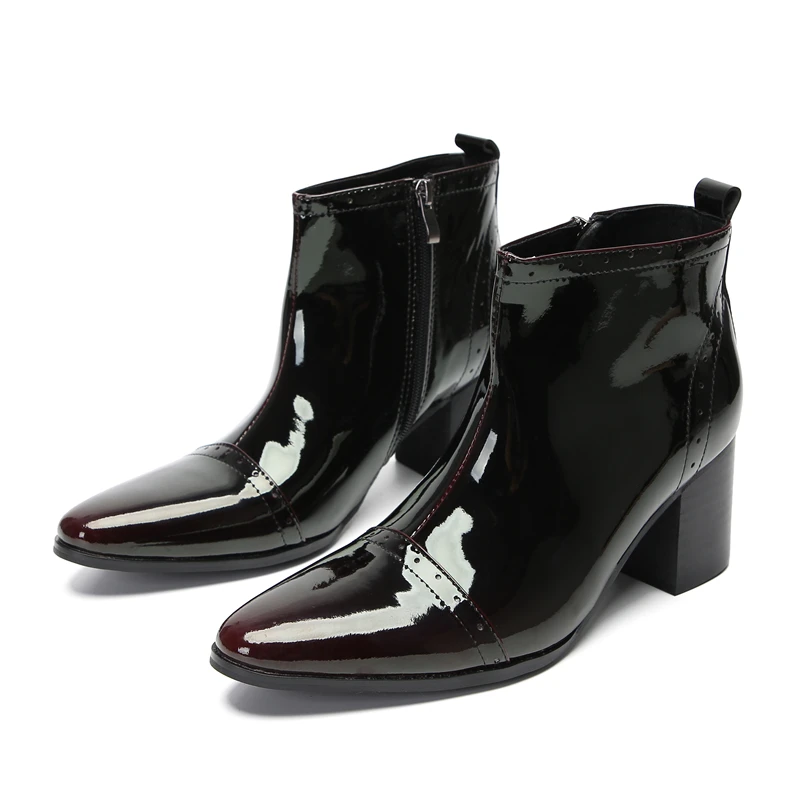 

Men's pointed high-heeled boots with 8cm height increase, British fashion patent leather casual party boots