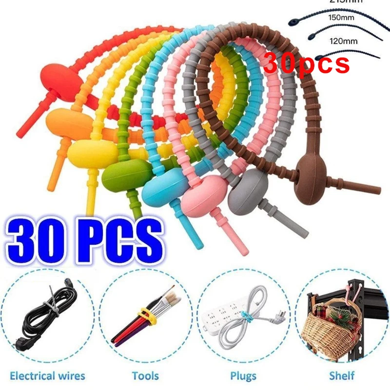 Attaches à fermeture éclair en Silicone, 30 pièces, Clip de sac, sangles de câble, sangles torsadées en caoutchouc réutilisables, attaches polyvalentes, cordon en Silicone
