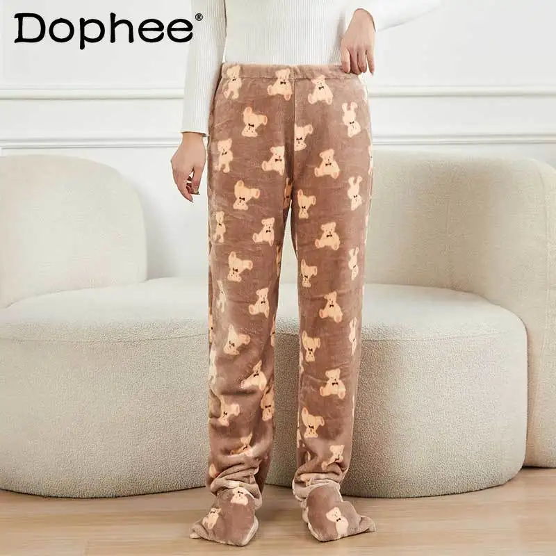 

Flannel Autumn Winter Warm Pajama Pants Female Cartoon Cute House Pants Thickened Coral Fleece Loungewear Socks Pajama Pant