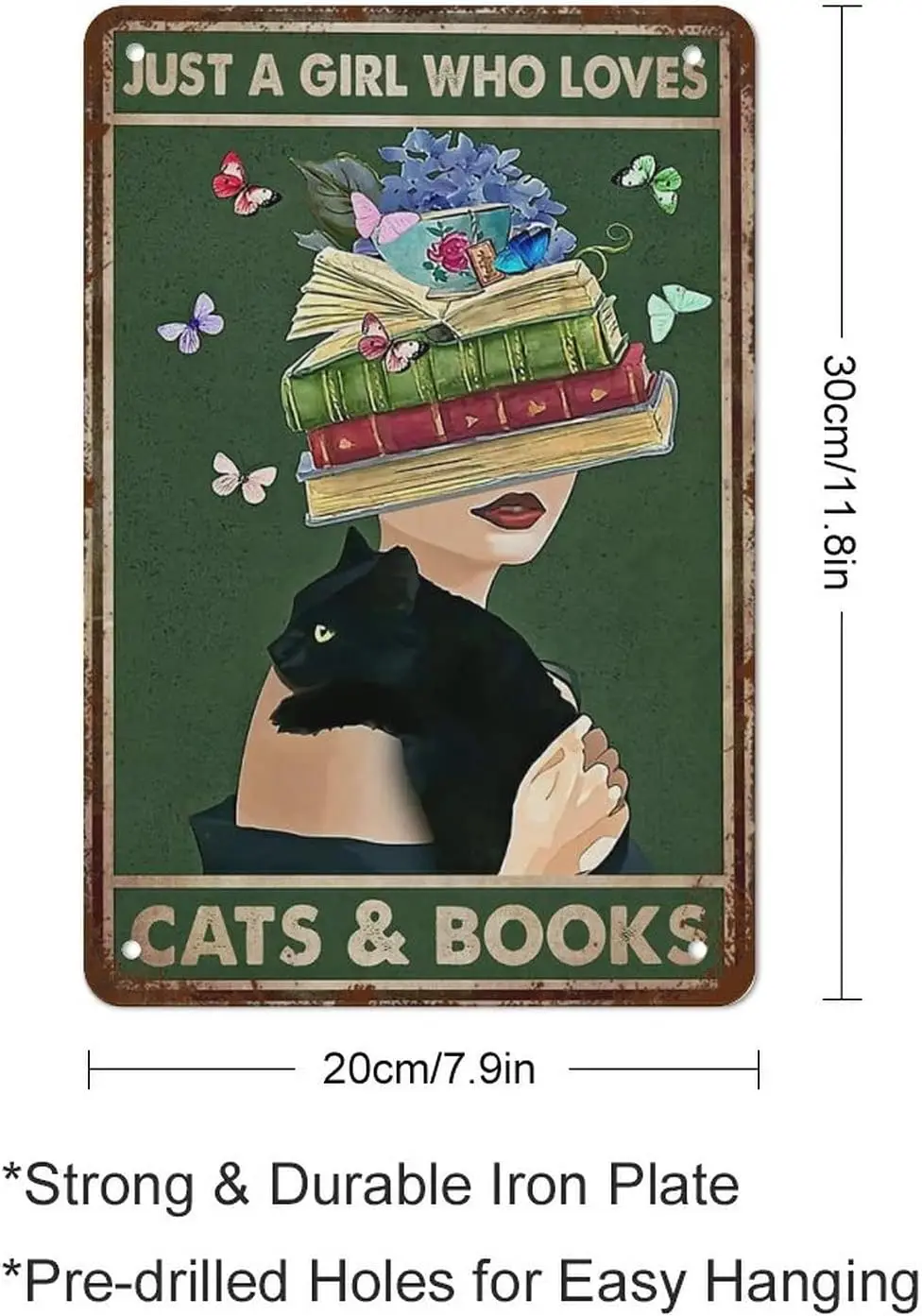 Just A Girl Loves Cats and Books Poster Book Head Woman with Cat Gift for Reader Reading Girl Best Vintage Fun Home