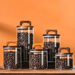Coffee Bean Glass Jars with Wood Lid Sealed Canister Food Container Moisture-proof Kitchen Storage Bottles Tea Snack Candy Jar