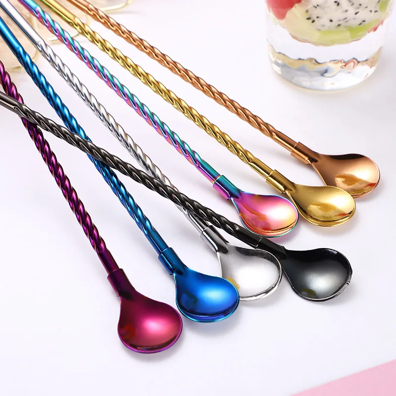 Long Twisted Straw Spoon Portable Gold Tea Scoop Reusable Colored Stainless Steel Straws Cocktail Coffee Stirring