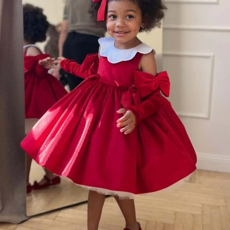 

2026 Children Red Velvet First Birthday Dress Baby Girl Princess Gown Girls Piano Performance Host Gown Formal Party Celebration