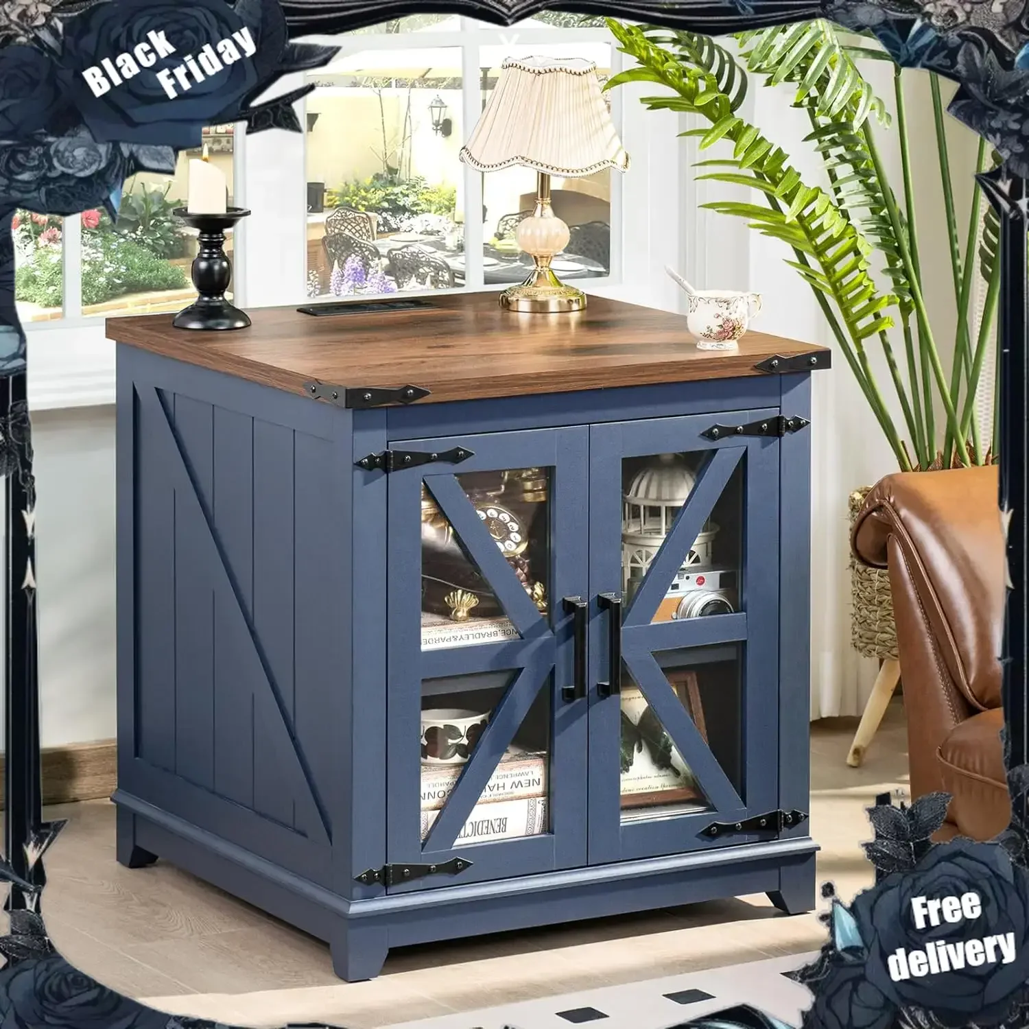 

Farmhouse End Table with Charging Station Set 2, 24" Large Sofa Side Table with Glass Barn Door, Blue Nightstand