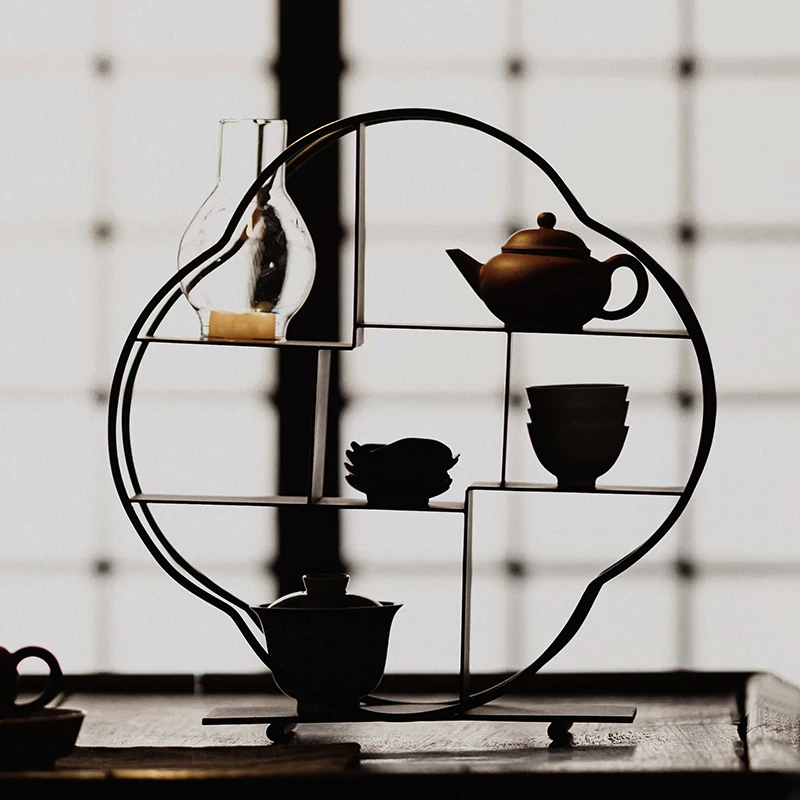 

Vintage Iron Tea Set Storage Rack Frosted Painted Tea Cup Organizer Decorative Ornament Display Rack Model Room Decor Rack