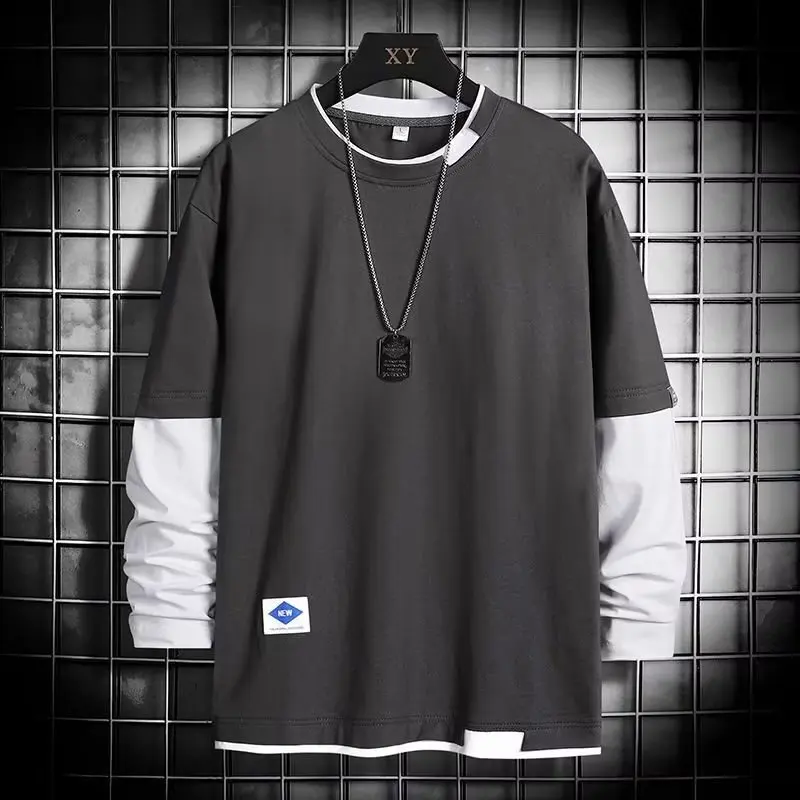 Men's Long Sleeve T-Shirt Fake Two-Piece Hoodie Thin Style Autumn Fashion Korean round Neck Cotton Polyester Pure Color Youth...