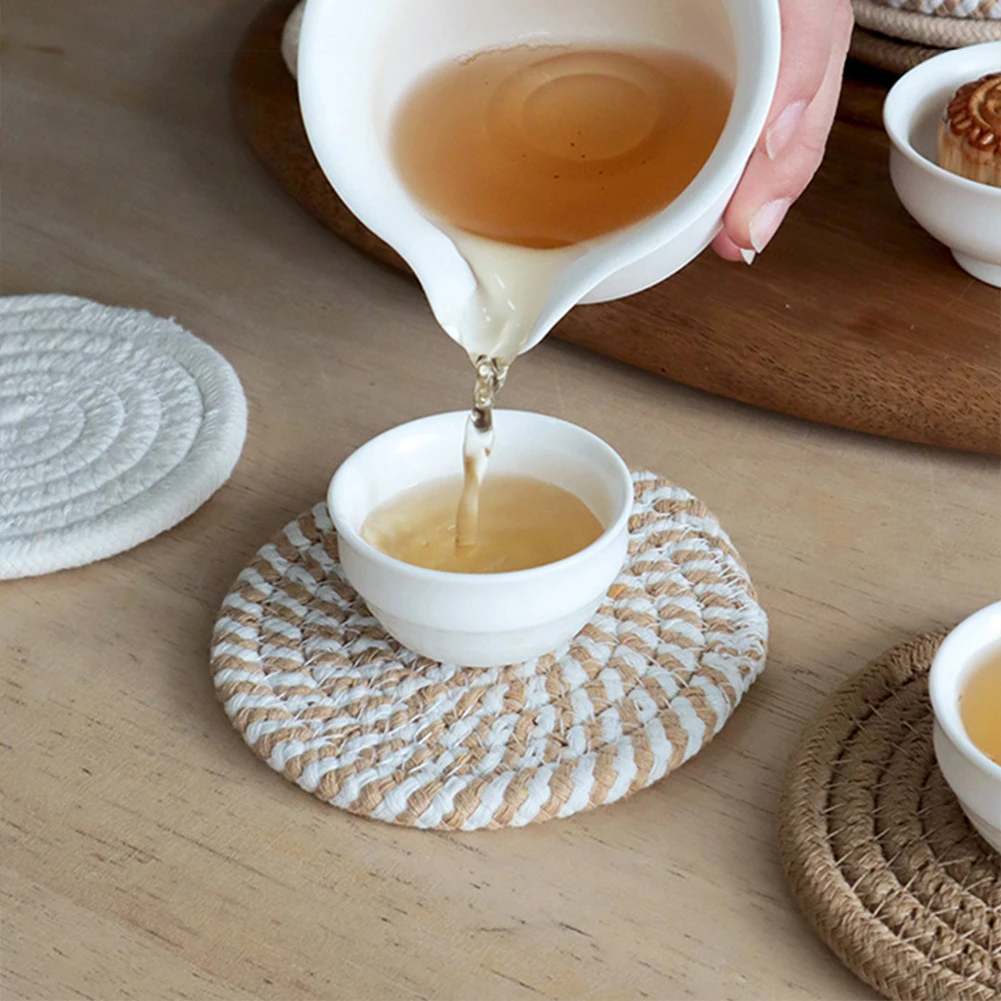 8pcs Cotton Woven Coaster Set With Holder Super Absorbent Non-Slip Cup Mats For Wooden Table For Restaurant Housewarming Present