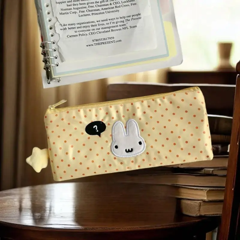 Pack Multi-purpose Milk Yellow Polka Dot Rabbit Pencil Case with Mesh Pockets and Large Capacity