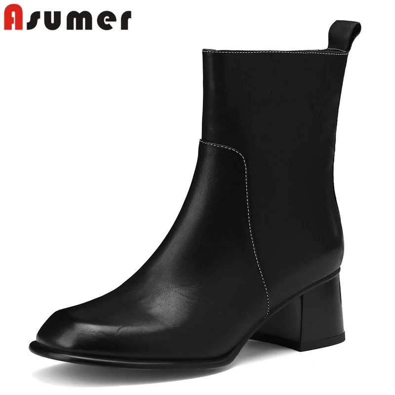 

ASUMER Size 34-43 New Genuine Leather Boots Women Zipper Chunky High Heels Ankle Boots Autumn Winter Fashion Botas