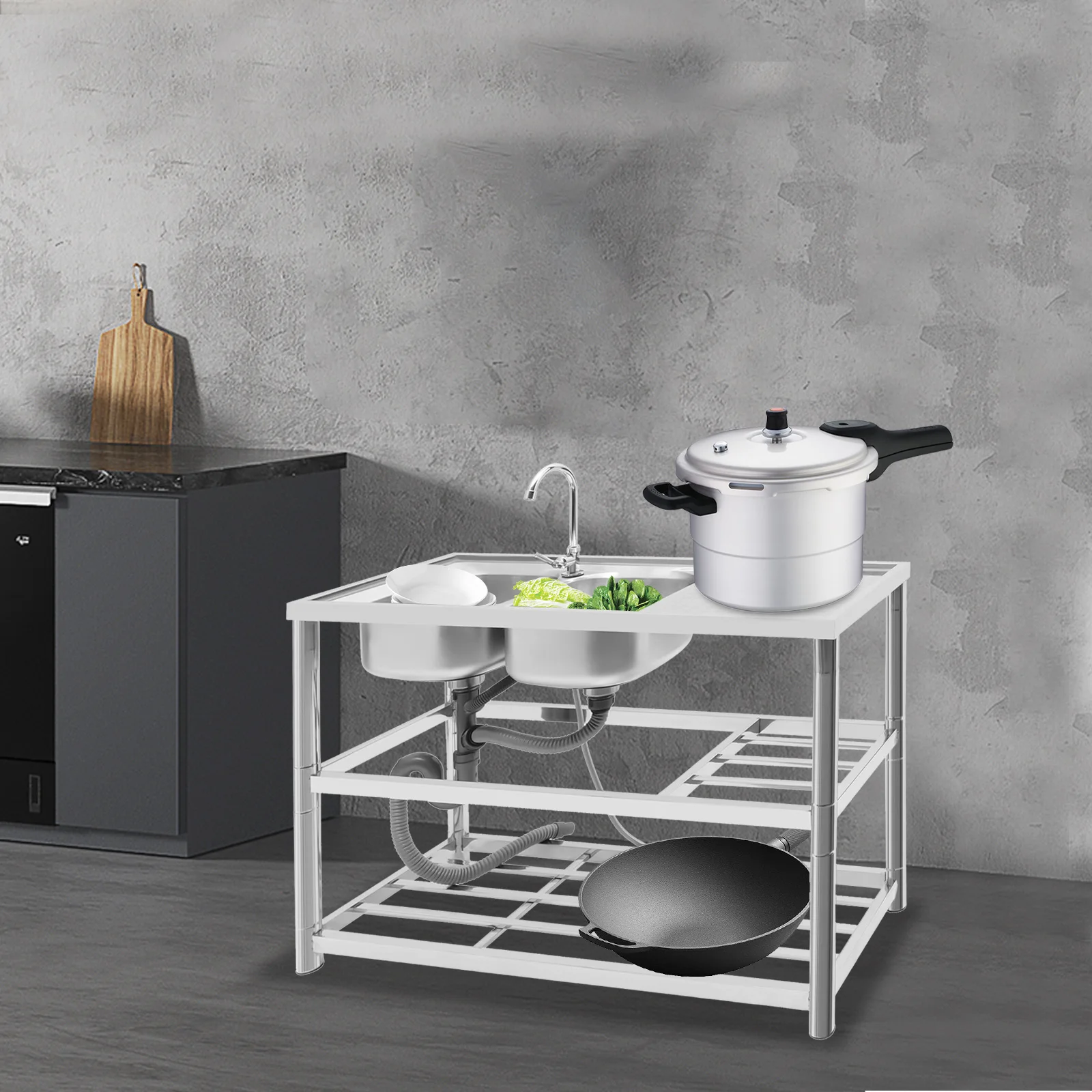 ชุดอ่างล้างจานสแตนเลสแบบตั้งพื้น 2 หลุม สำหรับร้านอาหารเชิงพาณิชย์ ขนาด 120x45x80 ซม. พร้อมก๊อกน้ำและที่คว่ำจาน