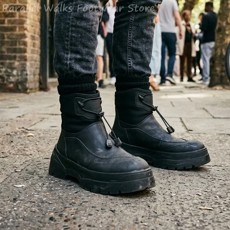 Men's Techwear Ankle Boots Drawstring Chunky Lug Sole Combat Boots Platform Tactical Shoes Casual Streetwear Footwear For Men